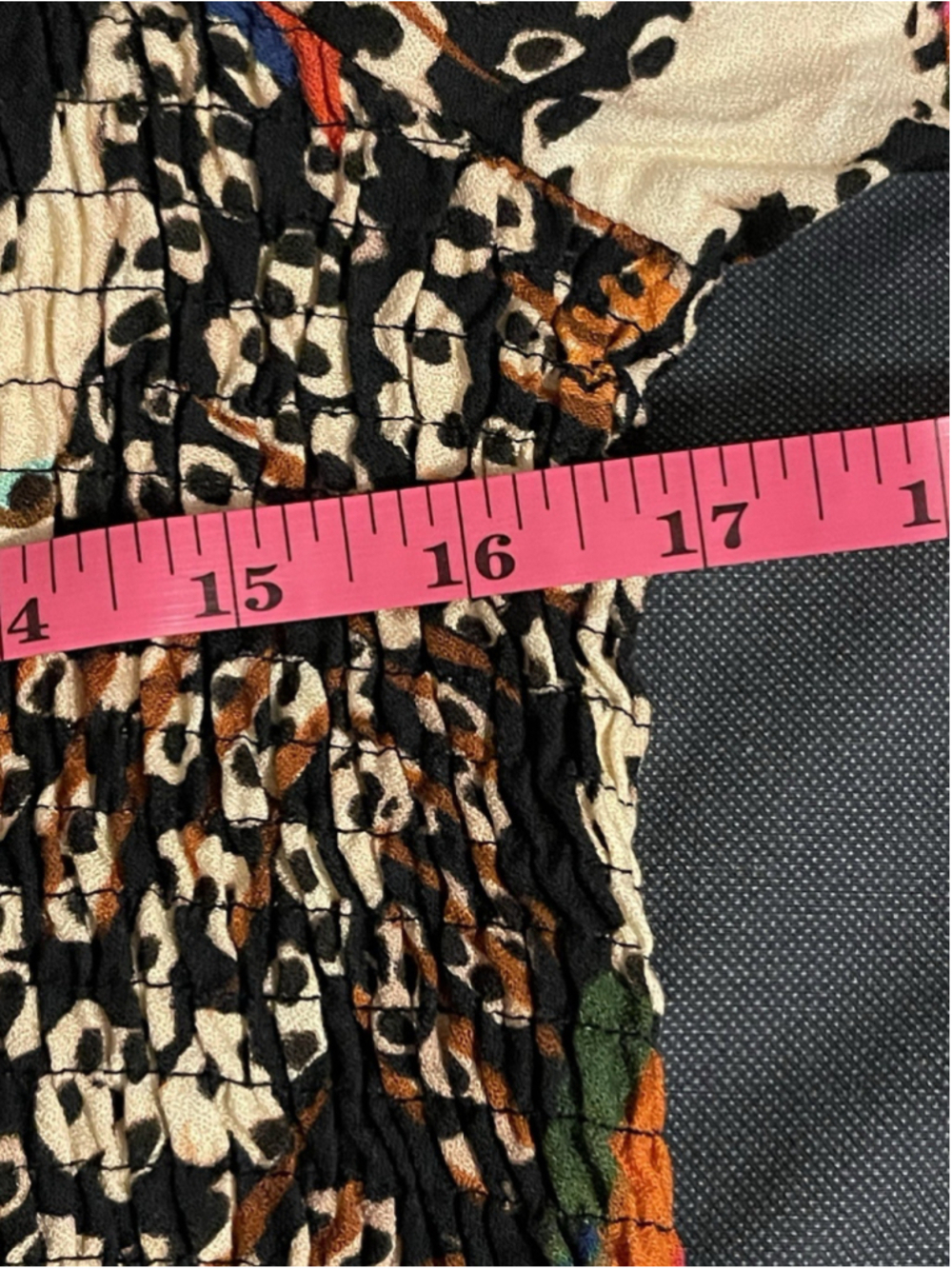 FARM Rio Multicolor Animal Print Smocked Knee Dress L Balloon Sleeve High Neck - Picture 11 of 12